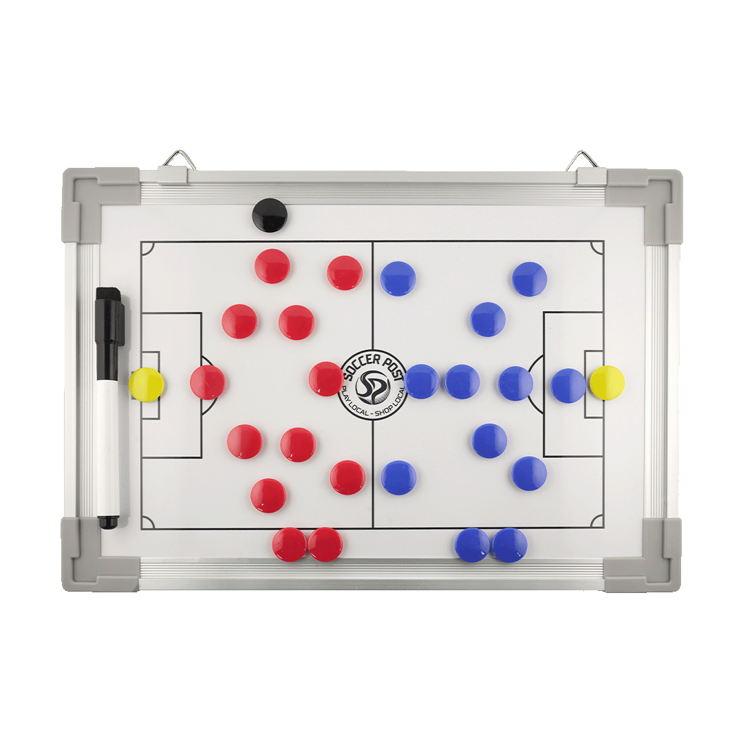 A magnetic soccer tactical whiteboard featuring red and blue player magnets, yellow goalkeeper magnets, and a dry-erase marker on a white field diagram.