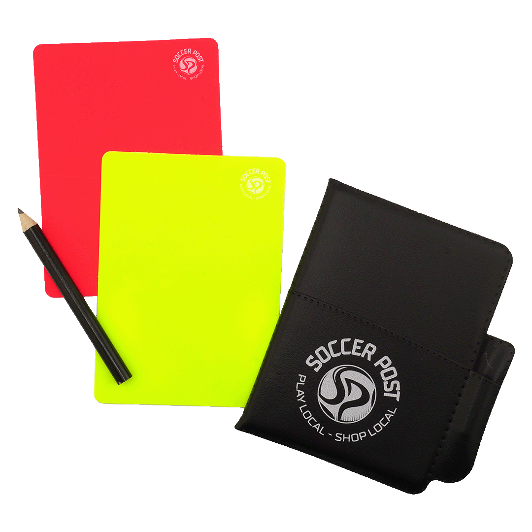 Soccer referee's kit including a red card, a yellow card, a black pencil, and a black wallet with the Soccer Post logo.