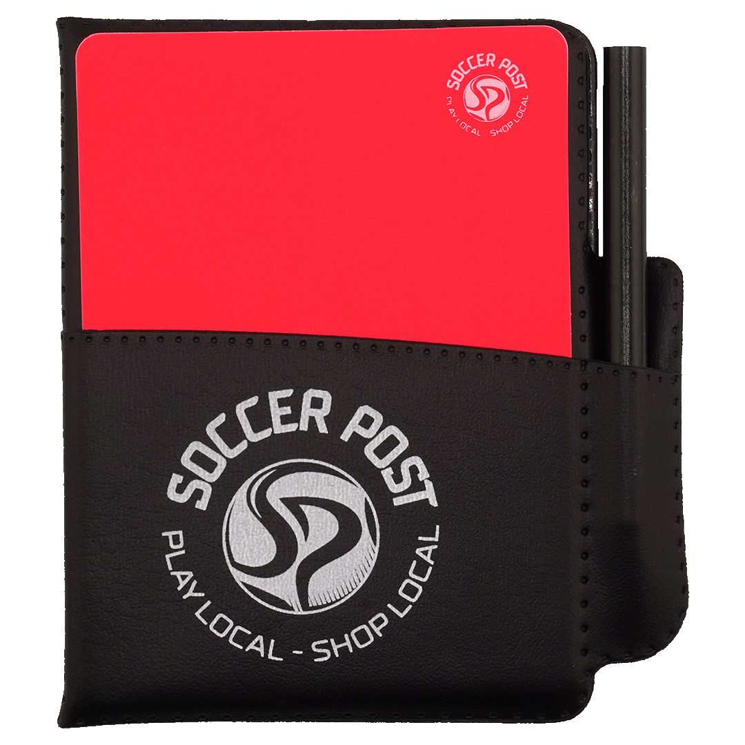 A black soccer referee’s notebook wallet containing a visible red card and a side-mounted pen. The wallet features a white Soccer Post logo and the tagline "Play Local - Shop Local."