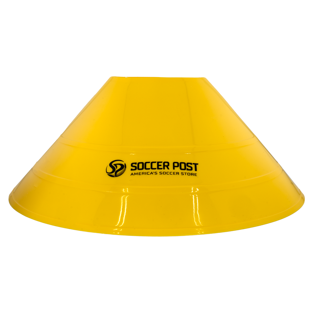 A single yellow, dome-shaped Soccer Post Large Training Cone featuring the Soccer Post logo in black across the center.