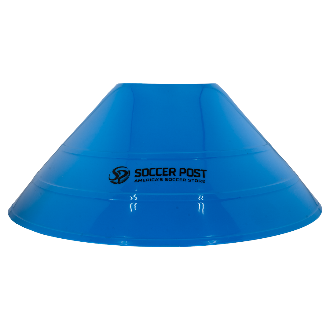 A bright blue Soccer Post Large Training Cone featuring the black Soccer Post logo and the slogan "America's Soccer Store" on its side. This item is from the Soccer Post Large Training Cones (12 pk) set.
