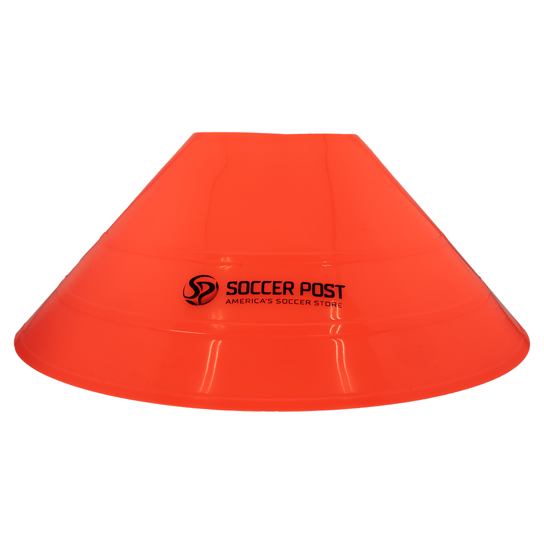 A single bright orange Soccer Post Large Training Cone from a 12-pack, featuring the black Soccer Post logo and "America's Soccer Store" tagline on its glossy surface.
