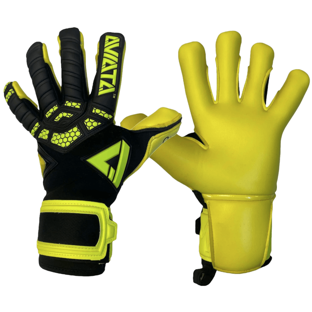 A pair of yellow and black Aviata goalkeeper gloves. The backhand features a black honeycomb pattern and brand logo, while the palm is solid bright yellow.