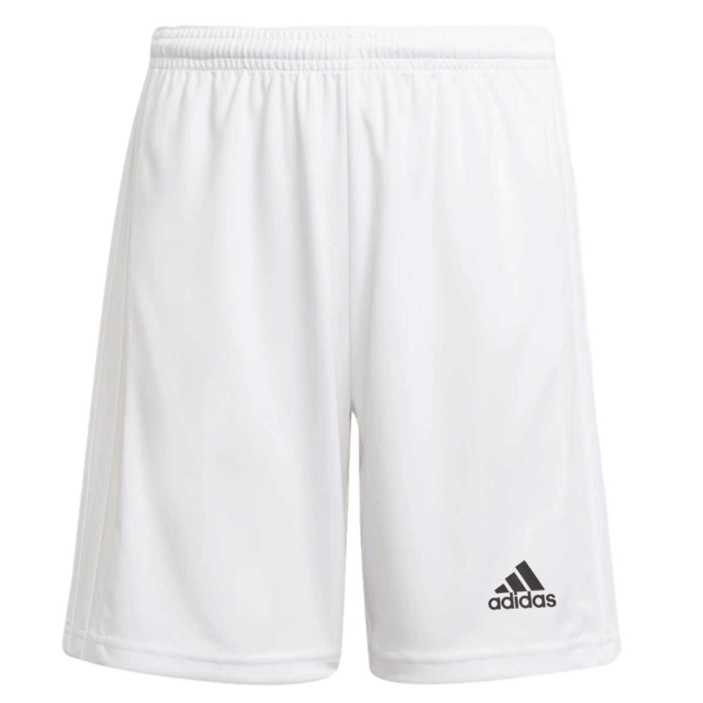 White Adidas athletic shorts with an elastic waistband and a black Adidas logo on the lower right leg.
