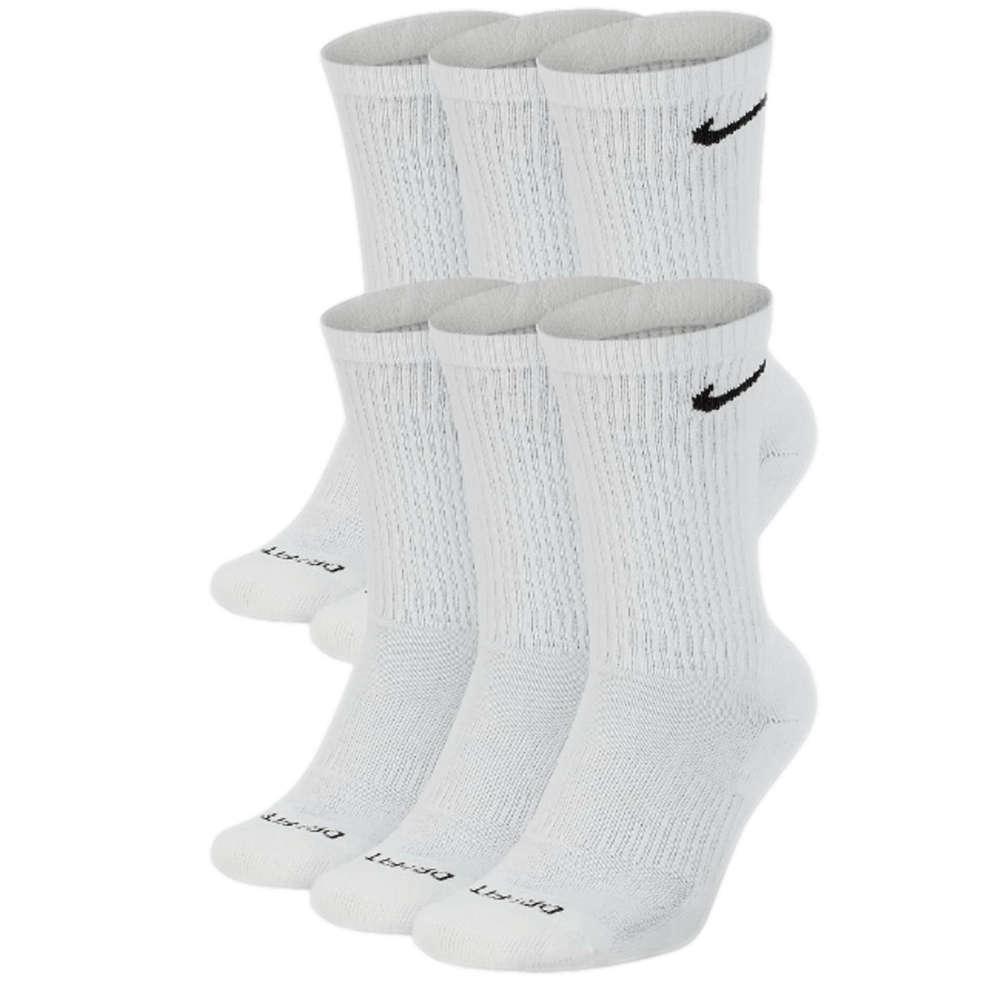 Six white Nike crew socks with black swoosh logos on the ankles and "DRI-FIT" printed on the toes, arranged in two rows of three.
