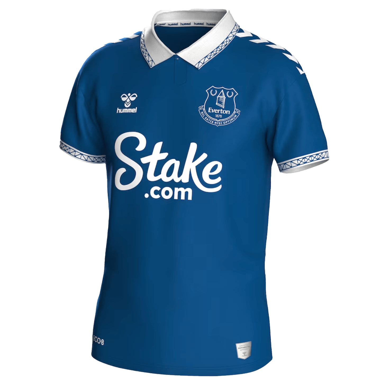 A royal blue Hummel Everton 23/24 Home Jersey featuring a white polo collar and sleeve cuffs with a blue geometric print. The jersey displays the Everton club crest, Hummel bee logo, and Stake.com sponsor logo in white.
