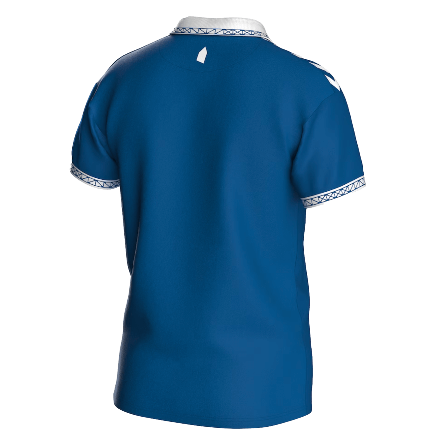 A back view of the royal blue Hummel Everton 23/24 Home Jersey, showing white Hummel chevrons on the shoulders and a white-trimmed collar and sleeve cuffs with a blue decorative pattern. A small white icon of Prince Rupert's Tower is centered on the back