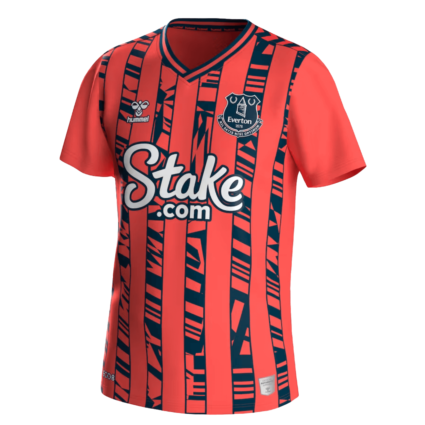 The Hummel Everton 23/24 Away Jersey featuring coral-red and navy blue vertical stripes with internal geometric patterns. The shirt displays the Everton FC crest, Hummel logo, and Stake.com sponsor logo across the chest.