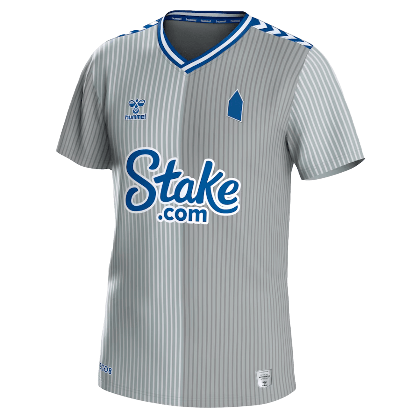 The Hummel Everton FC 23/24 Third Jersey features a grey and silver vertical pinstripe design with a split-tone effect. It has a blue and white V-neck collar and signature Hummel chevrons on the shoulders. The "Stake.com" sponsor logo is displayed across