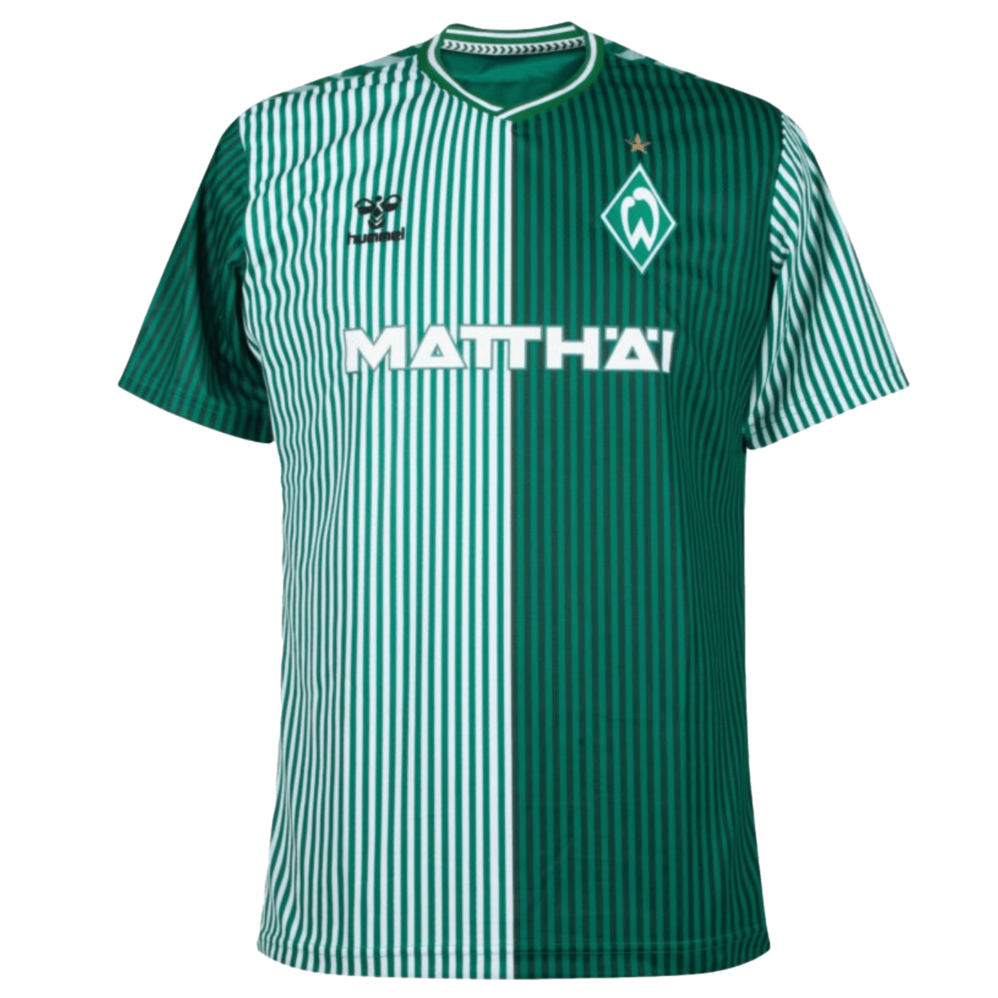 A front view of the Hummel Werder Bremen 23/24 Home Jersey. The shirt features a half-and-half design with green and white vertical pinstripes. The Hummel logo is on the right chest, the Werder Bremen club crest is on the left, and the sponsor name "MATTH