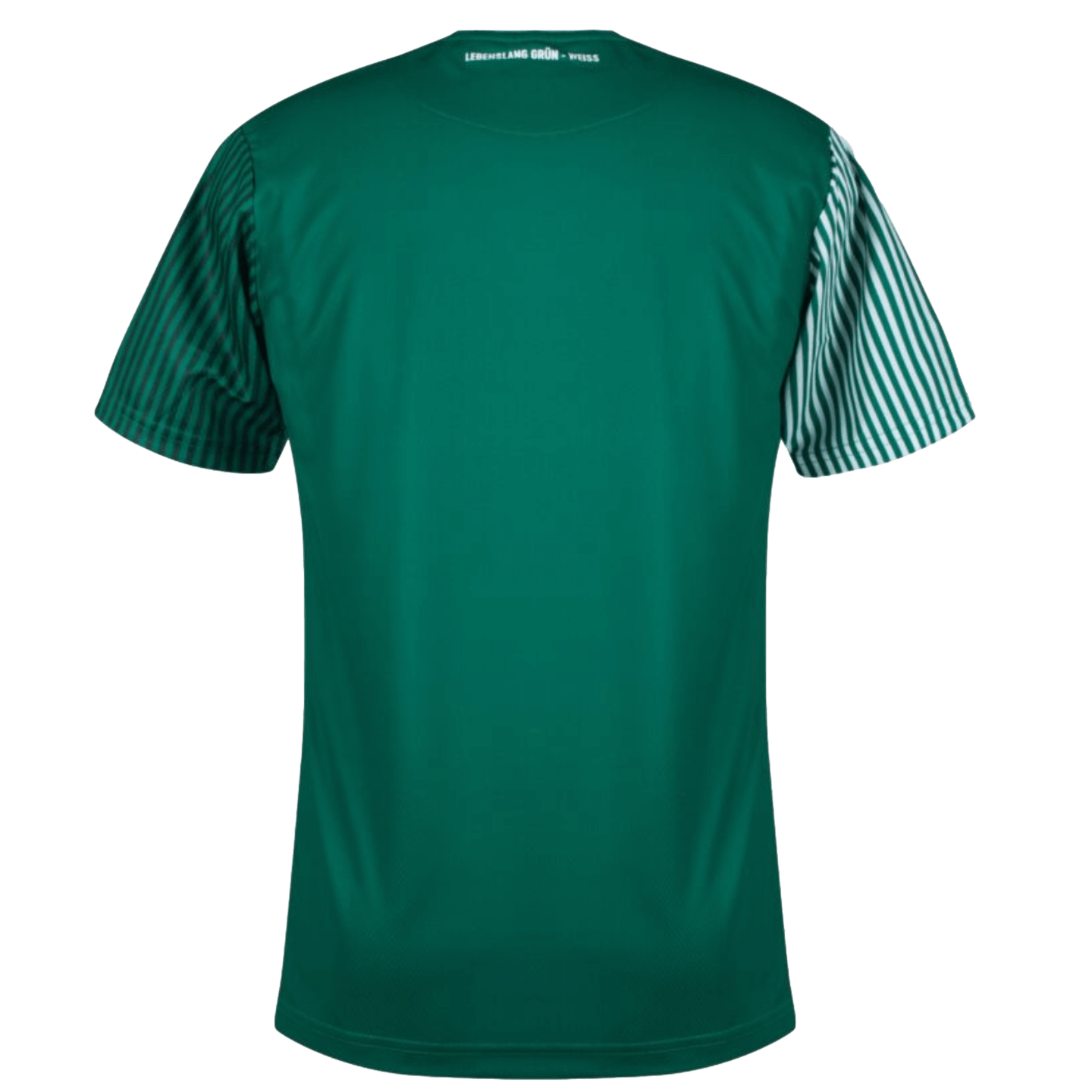 Back view of the green Hummel Werder Bremen 23/24 Home Jersey, featuring green and white striped sleeves and the slogan "LEBENSLANG GRÜN-WEISS" printed in white on the back of the neck.