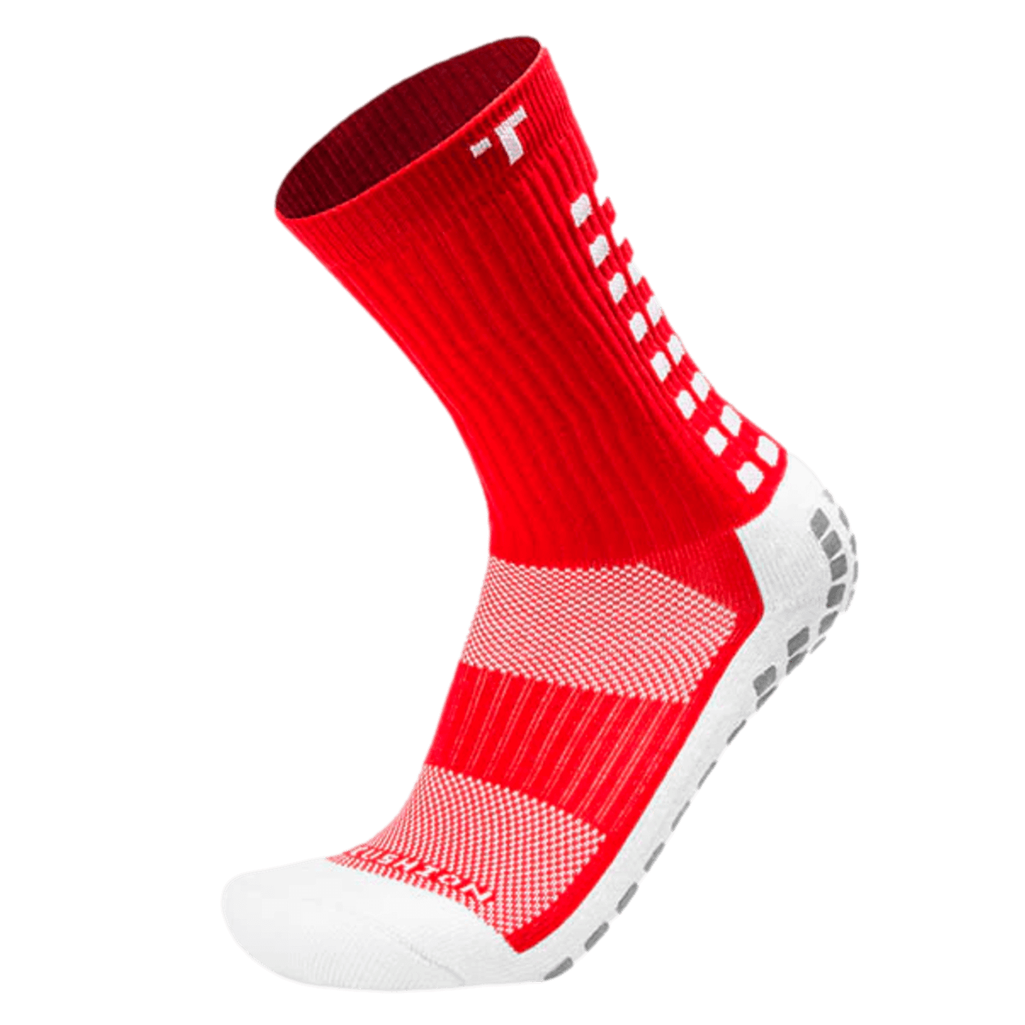 A pair of Trusox 3.0 Cushioned Mid Calf Grip Crew Socks in red, featuring white anti-slip grip pads on the heel and sole, and a white checkered pattern on the back of the ankle.