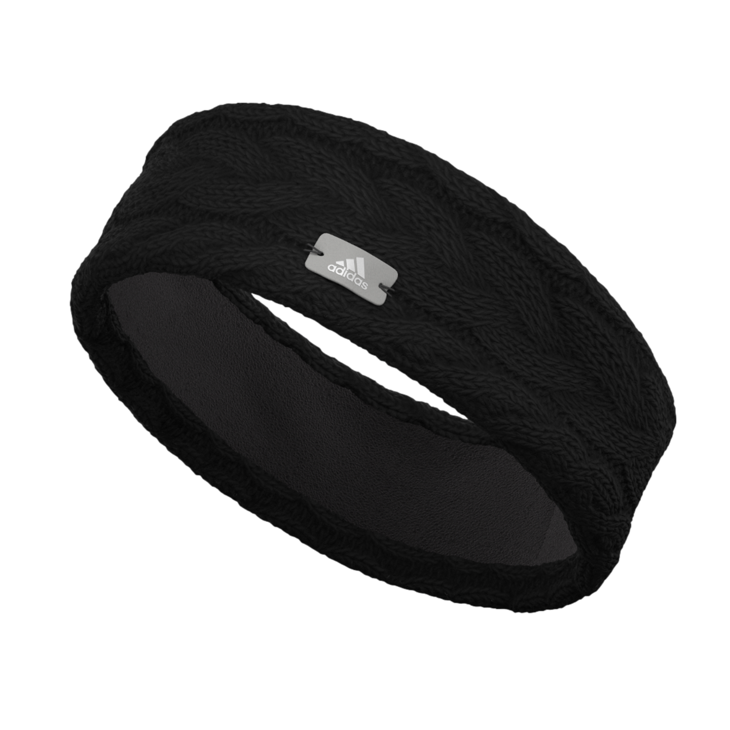 Black cable-knit Adidas headband with a soft fleece lining and a small silver metal logo tag.