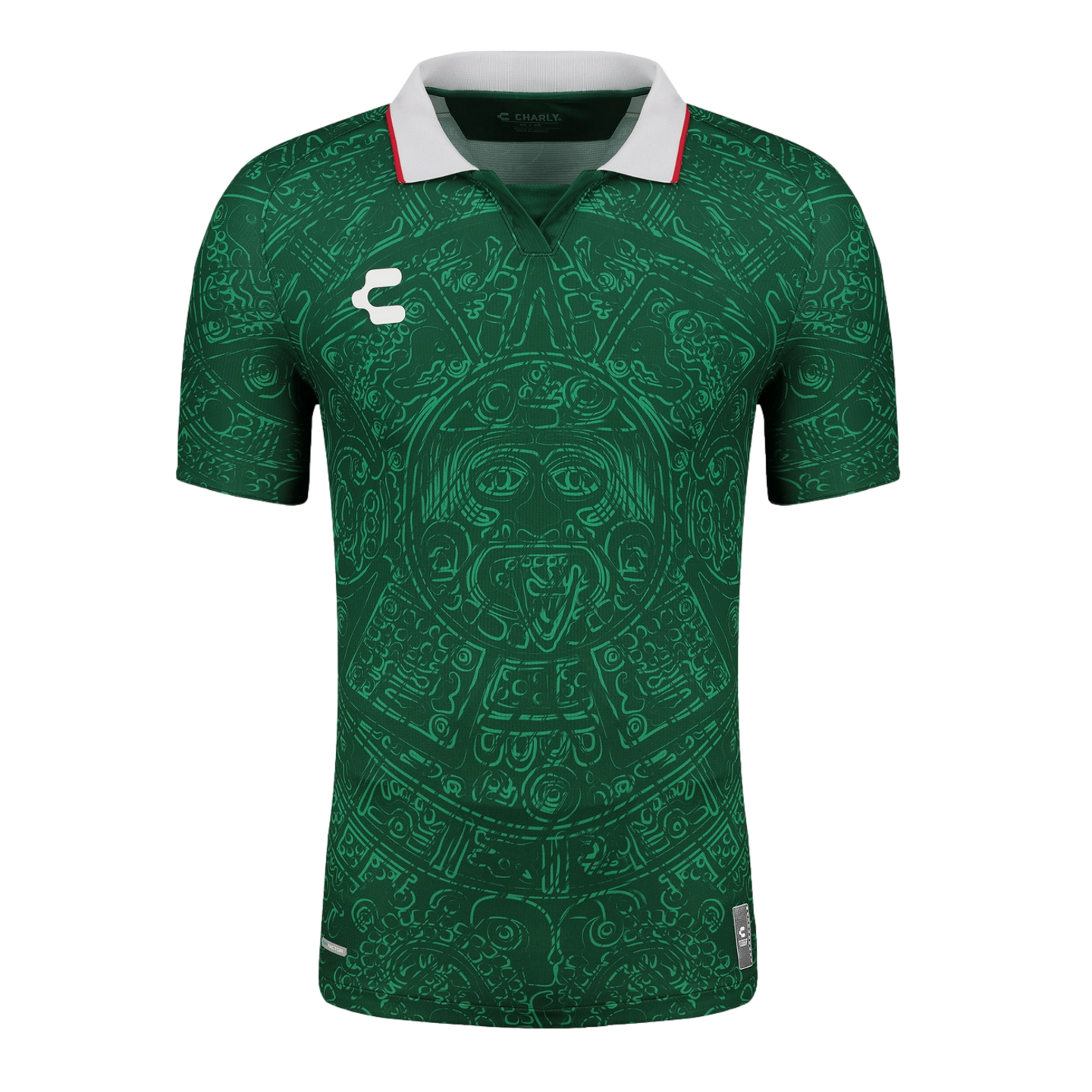 Green soccer jersey featuring an intricate Aztec calendar design, a white polo collar with red trim, and a white logo on the chest.