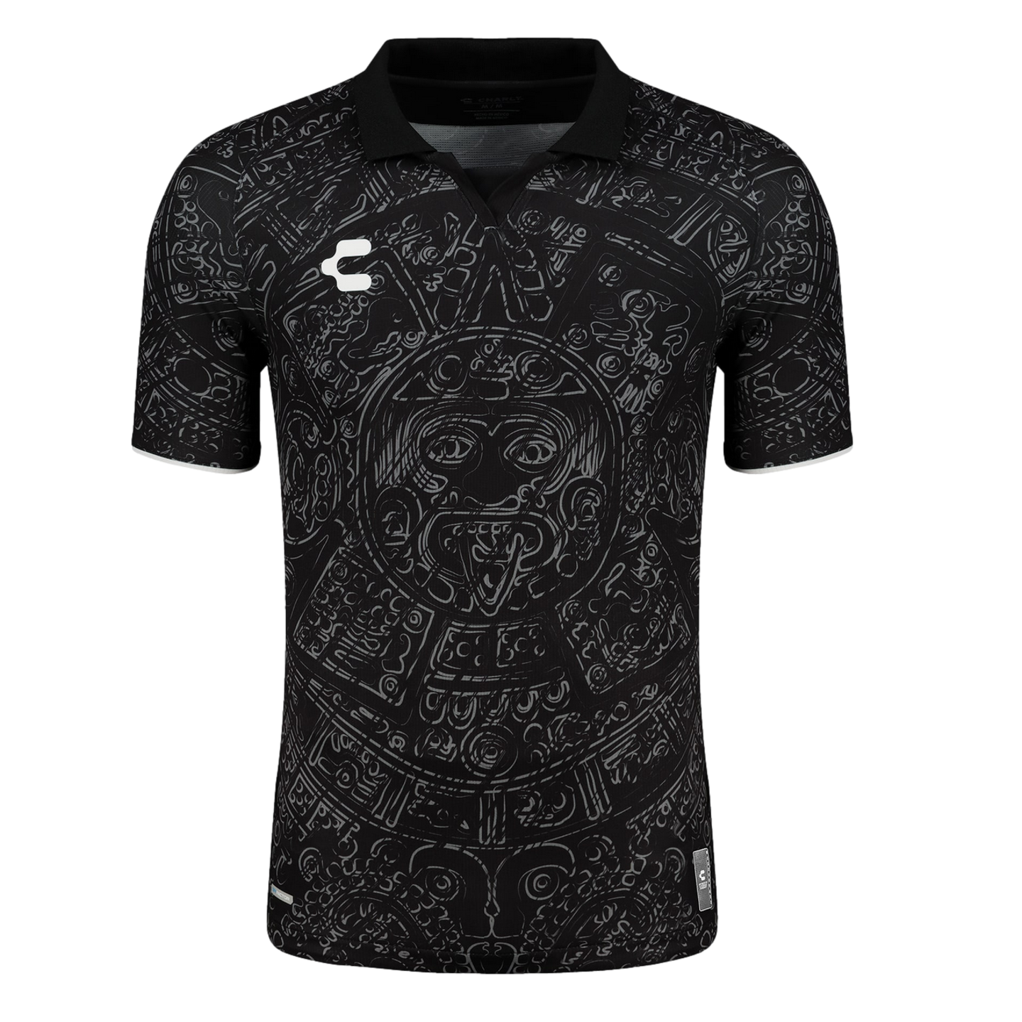 Black polo shirt featuring an intricate grey all-over print of an Aztec calendar and a small white logo on the right chest.