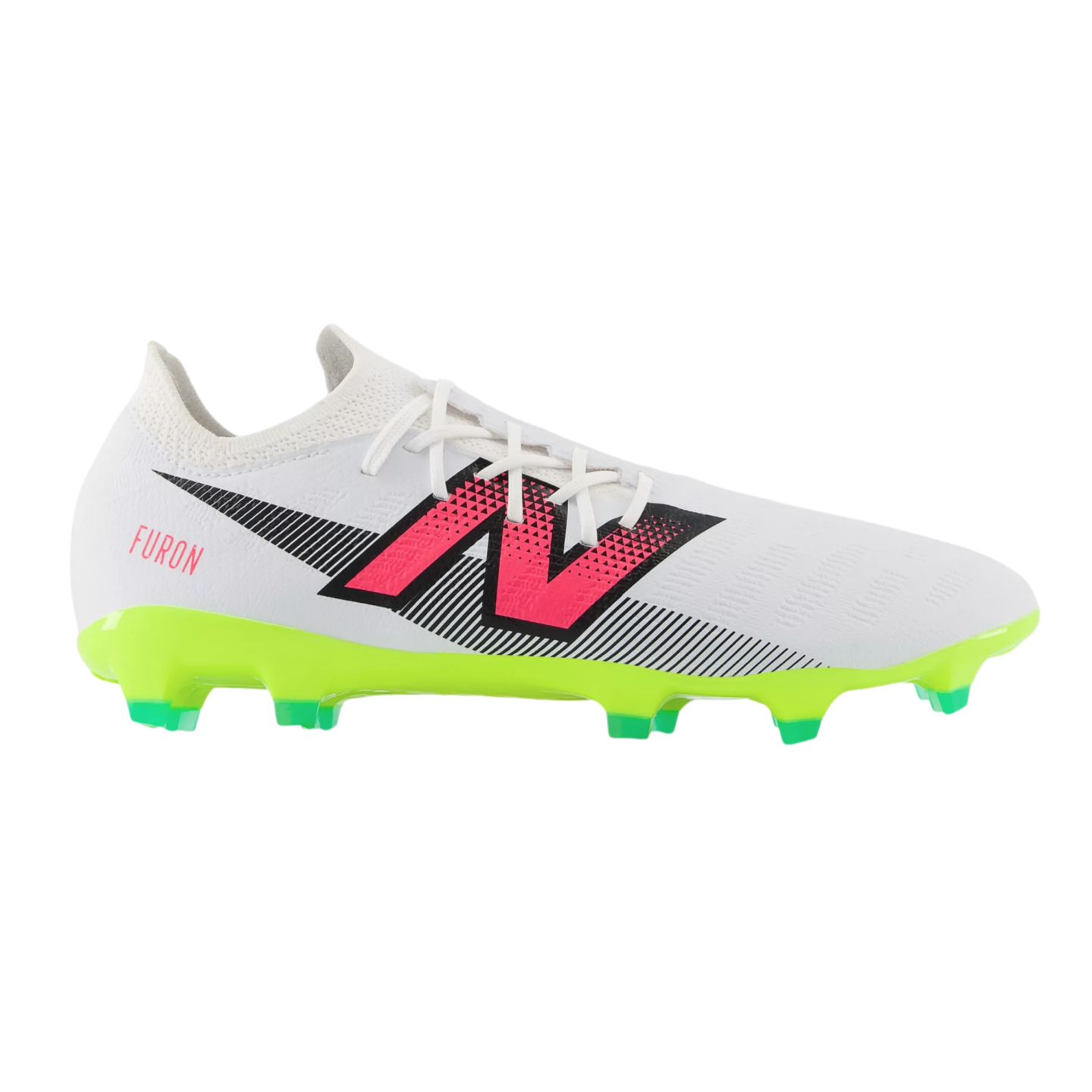 White New Balance Furon soccer cleat with a pink and black "N" logo and a lime green sole.