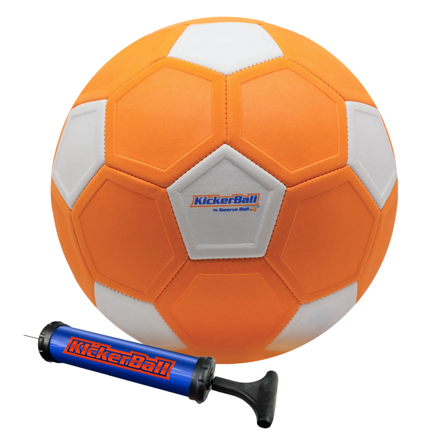An orange and white Swerve Sports Kickerball soccer ball shown with its included blue hand pump.