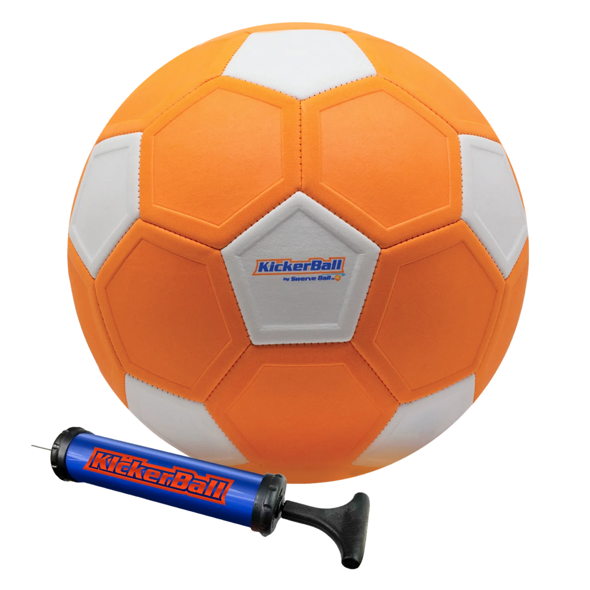An orange and white Swerve Sports Kickerball soccer ball shown with its included blue hand pump.