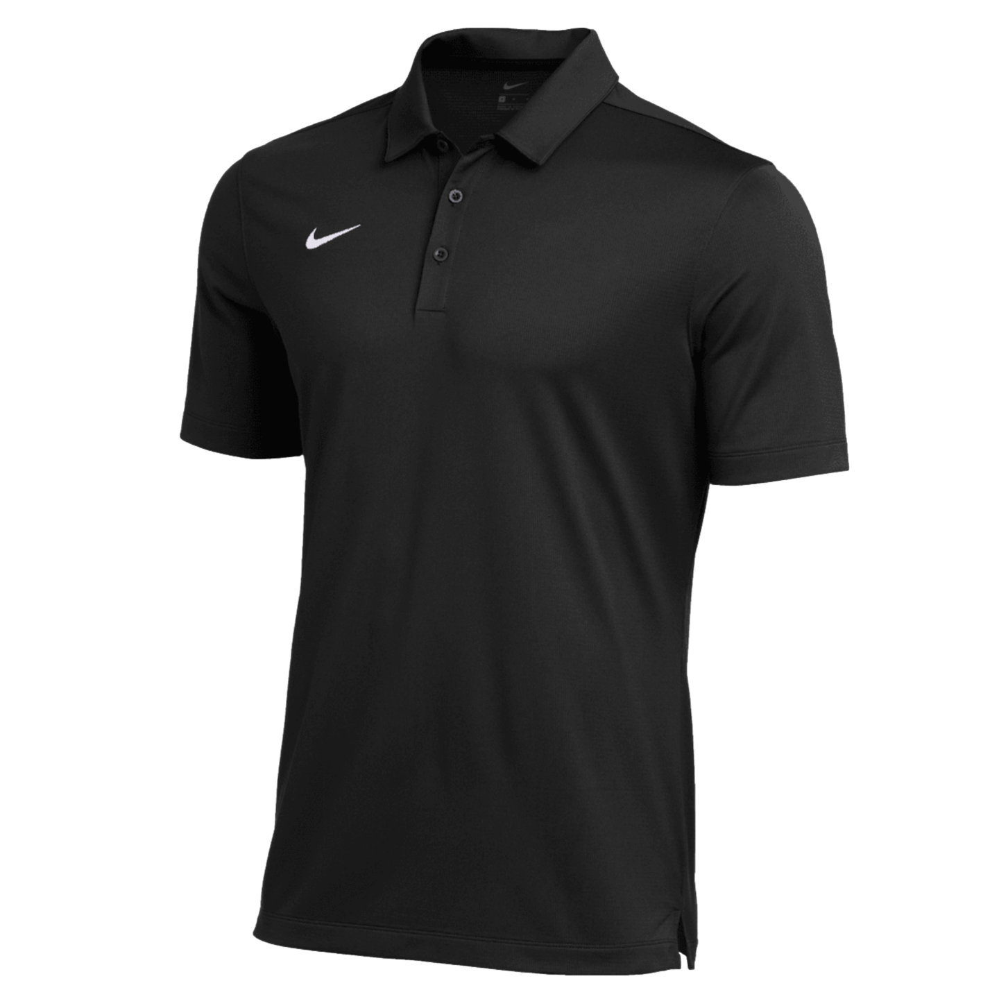 A black Nike short-sleeve polo shirt featuring a white swoosh logo on the left chest and a three-button placket.