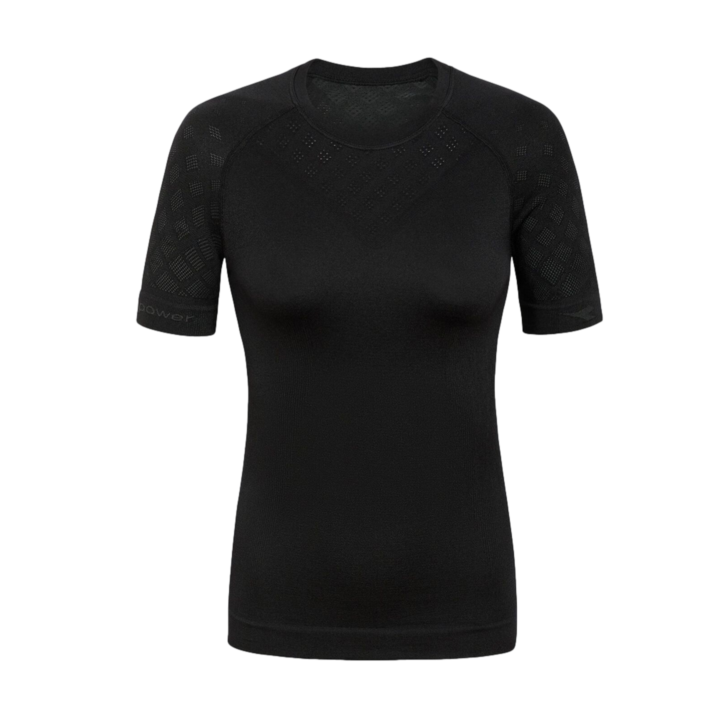 Black women's short-sleeved compression shirt with textured shoulder patterns and a round neck, isolated on a white background.