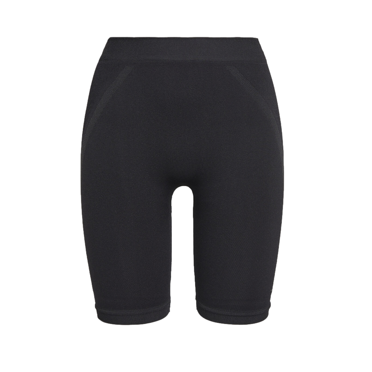 A pair of black high-waisted athletic bike shorts with seamless construction and textured side detailing.