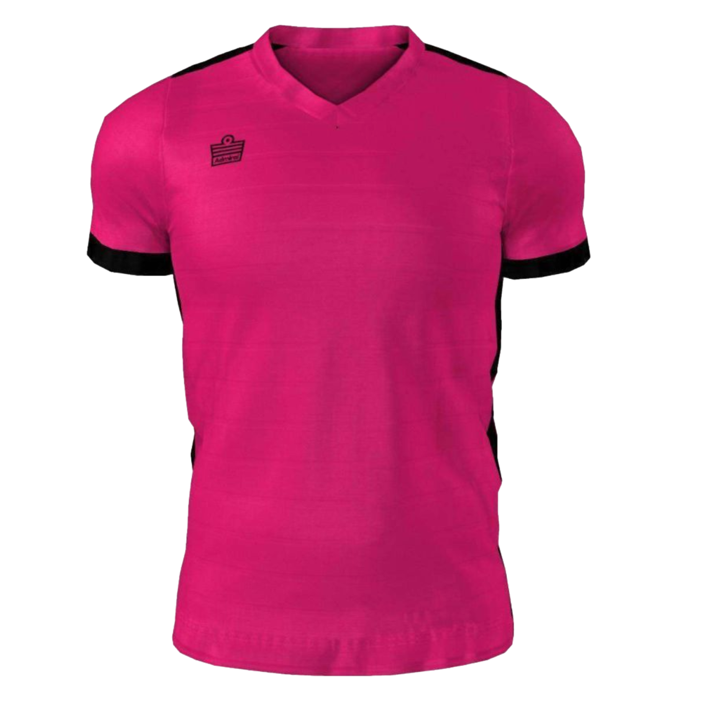 A pink Admiral Derby Jersey featuring a short-sleeved V-neck design with black trim on the sleeve cuffs and black stripes along the shoulders and sides. A small black Admiral logo is located on the right chest.