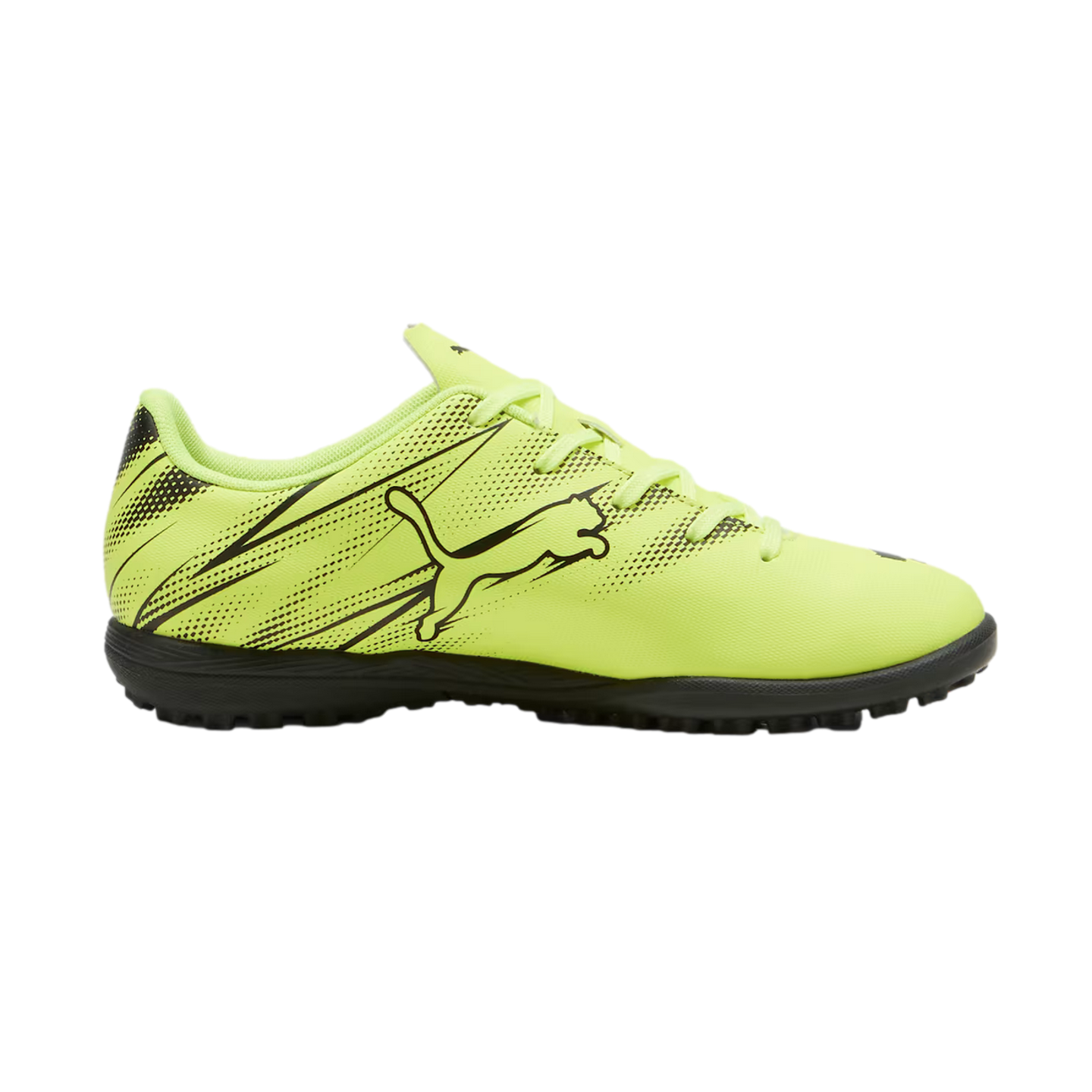 Side profile of a neon yellow Puma soccer turf shoe featuring black graphic accents and a black rubber outsole.