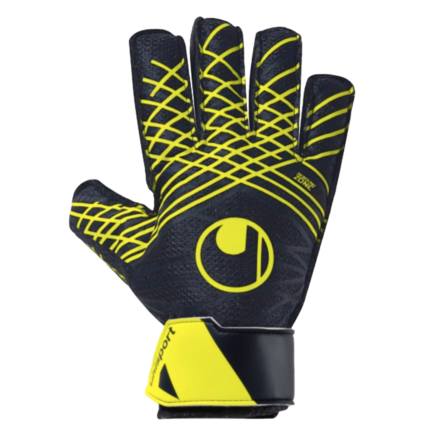 Uhlsport Prediction Starter Soft Goalkeeper Gloves in black with neon yellow accents, featuring a grid pattern on the fingers and backhand, a central circular logo, and a branded yellow and black wrist strap.