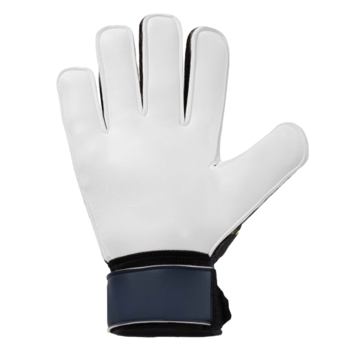 The palm side of a white Uhlsport Prediction Starter Soft Goalkeeper Glove with a dark blue wrist strap, shown against a black background.