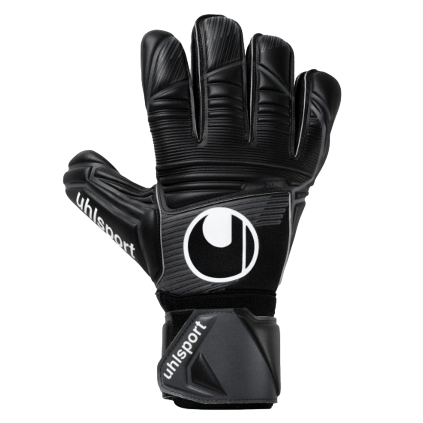 A backhand view of an all-black Uhlsport Comfort Absolutgrip Classic Goalkeeper Glove, featuring the white brand logo and text on the thumb and wrist strap.