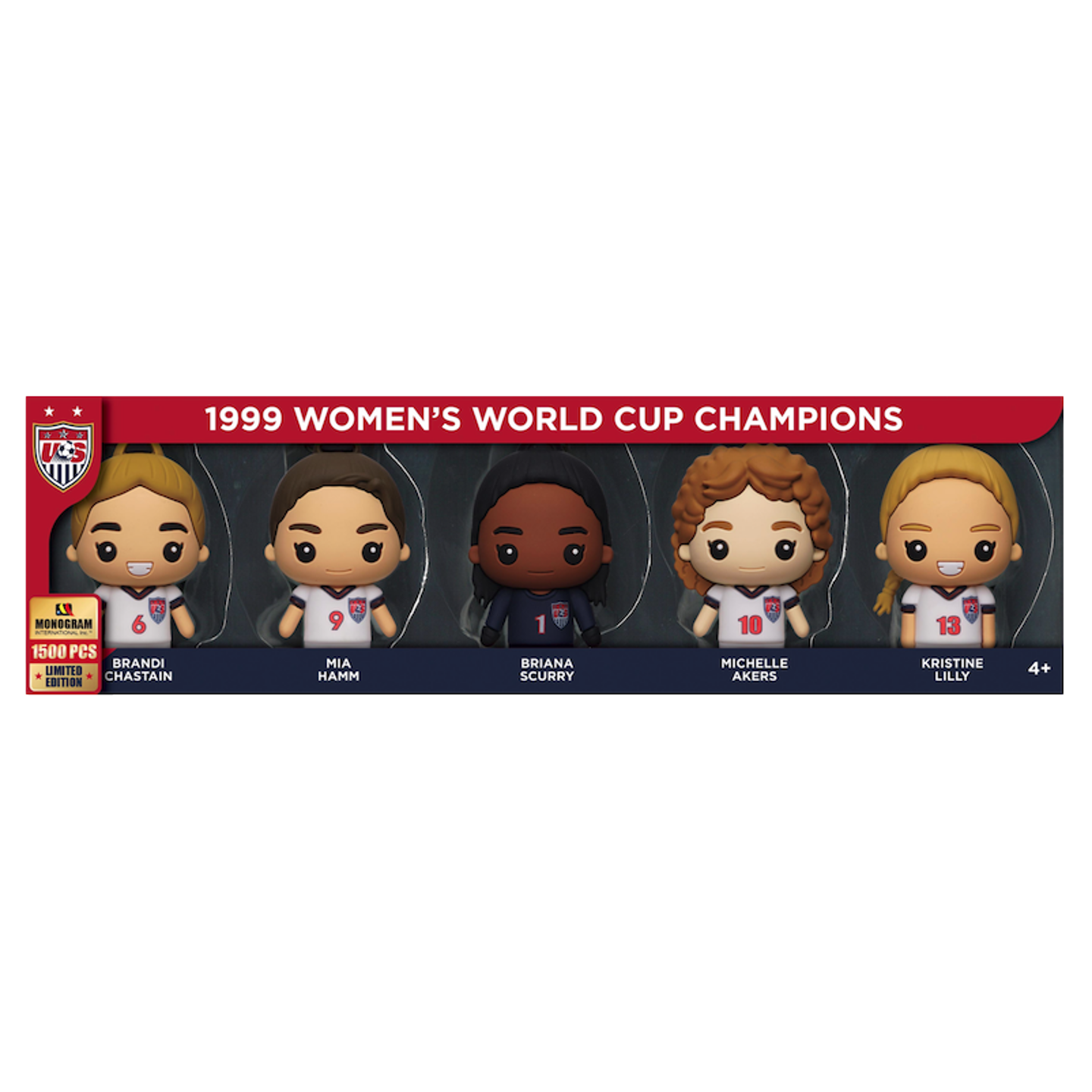 A boxed Monogram 99ers 1999 Womens World Cup Champions 5 Piece Bag Clip Set. The set includes stylized 3D foam figures of soccer legends Brandi Chastain, Mia Hamm, Briana Scurry, Michelle Akers, and Kristine Lilly in their US national team jerseys, displa