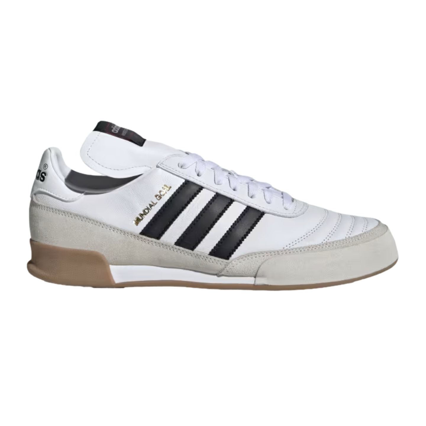 A side profile of a white Adidas Mundial Goal indoor soccer shoe with three black stripes, light gray suede overlays, and a gum rubber sole.