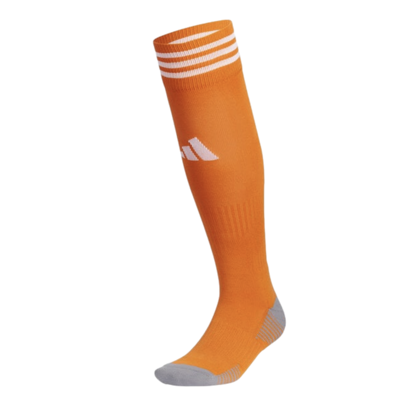 An orange Adidas knee-high soccer sock featuring three white stripes on the cuff, a white logo on the shin, and grey heel and toe accents.