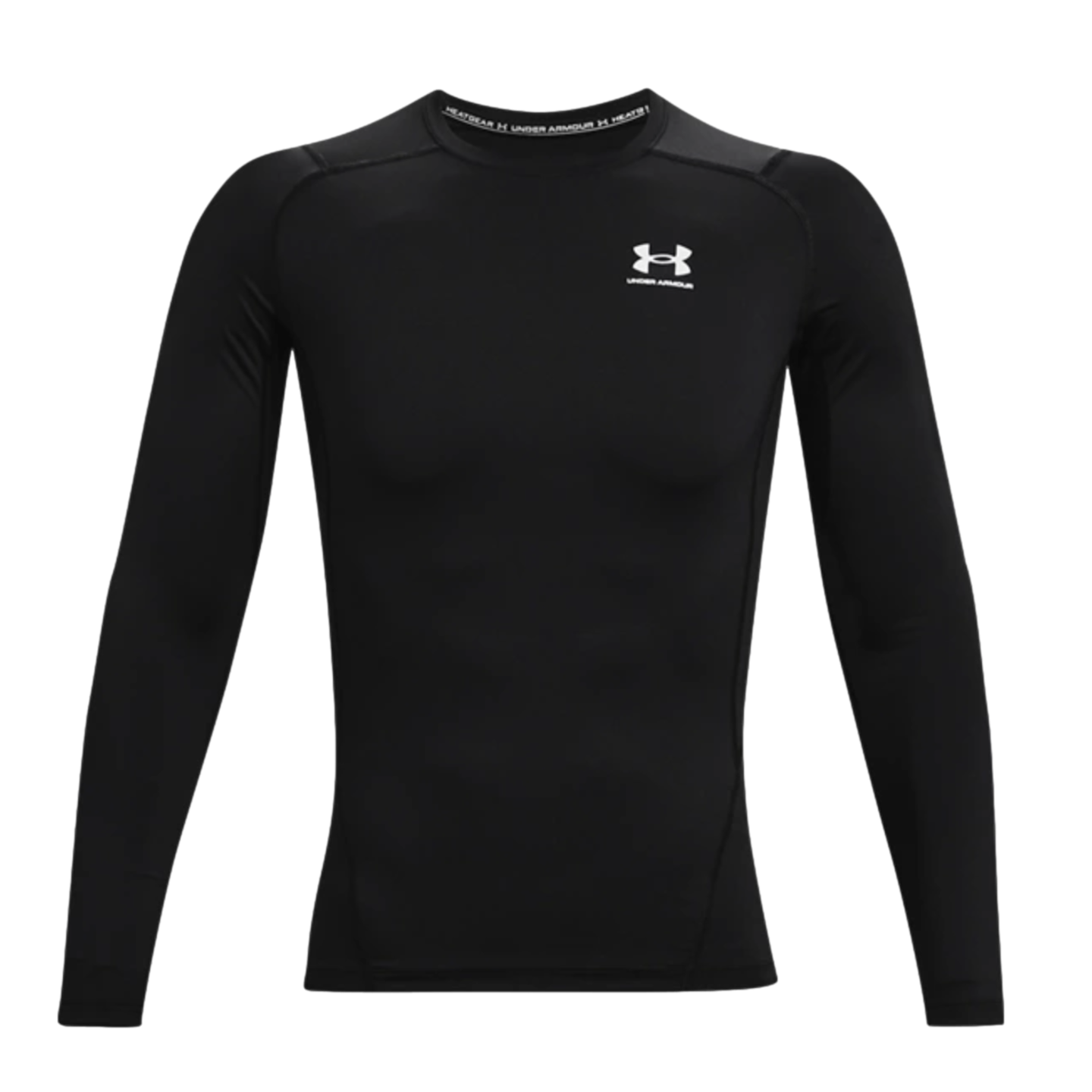 A black, long-sleeved Under Armour compression shirt with a small white logo on the left chest.