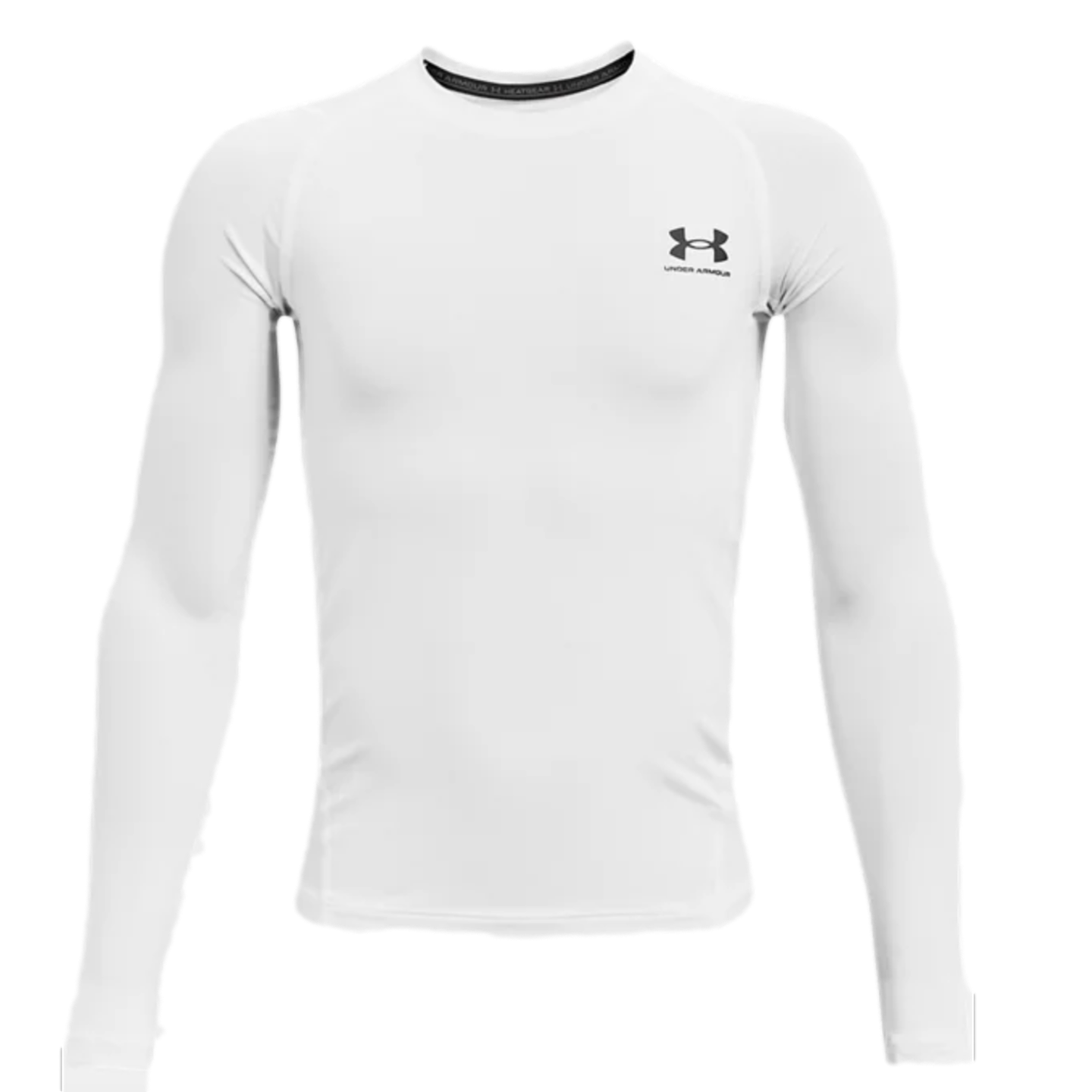 White Under Armour long-sleeved compression shirt in white, featuring a black logo on the upper left chest.