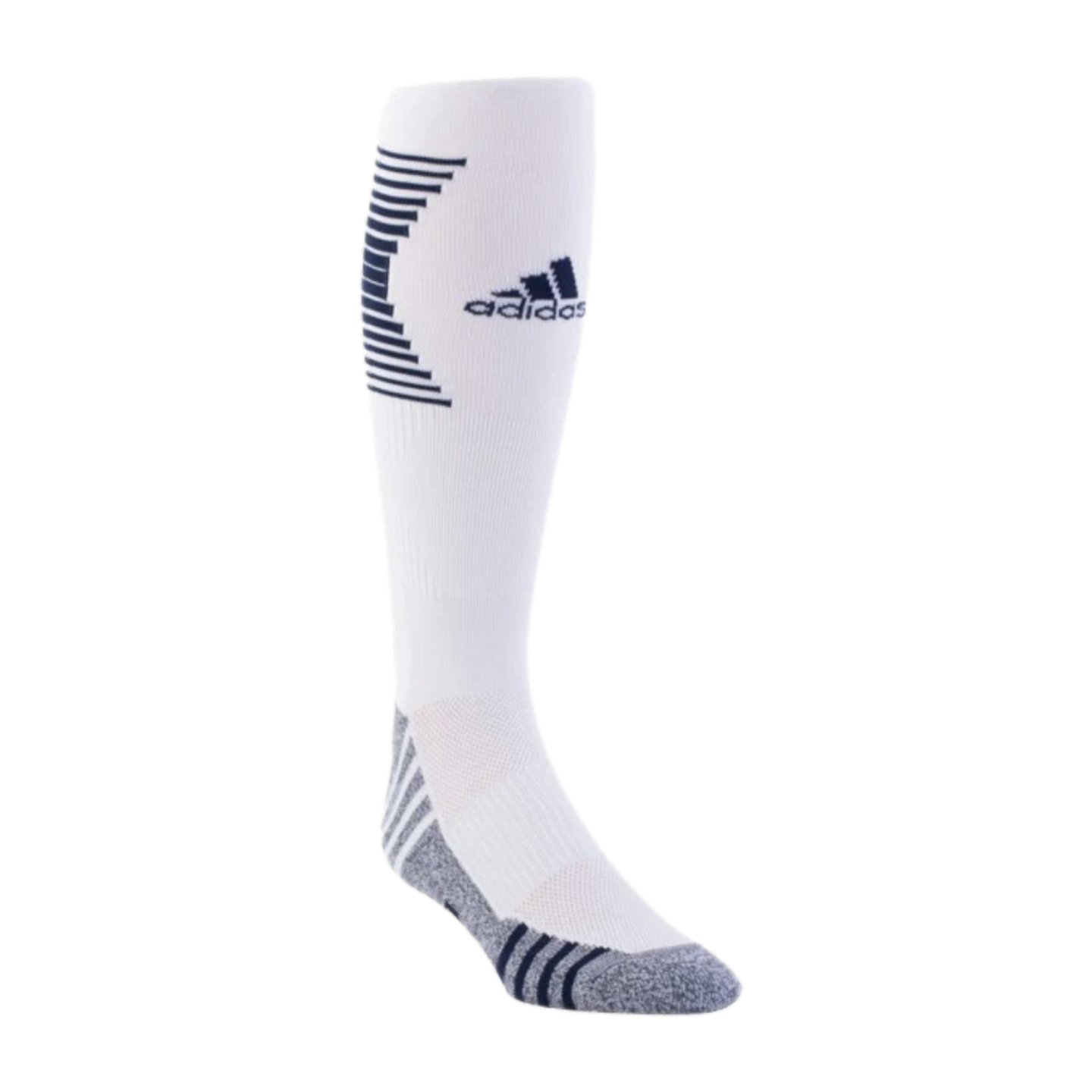 A white Adidas knee-high athletic sock with black stripes and logo on the leg, and grey marl reinforcement at the heel and toe.