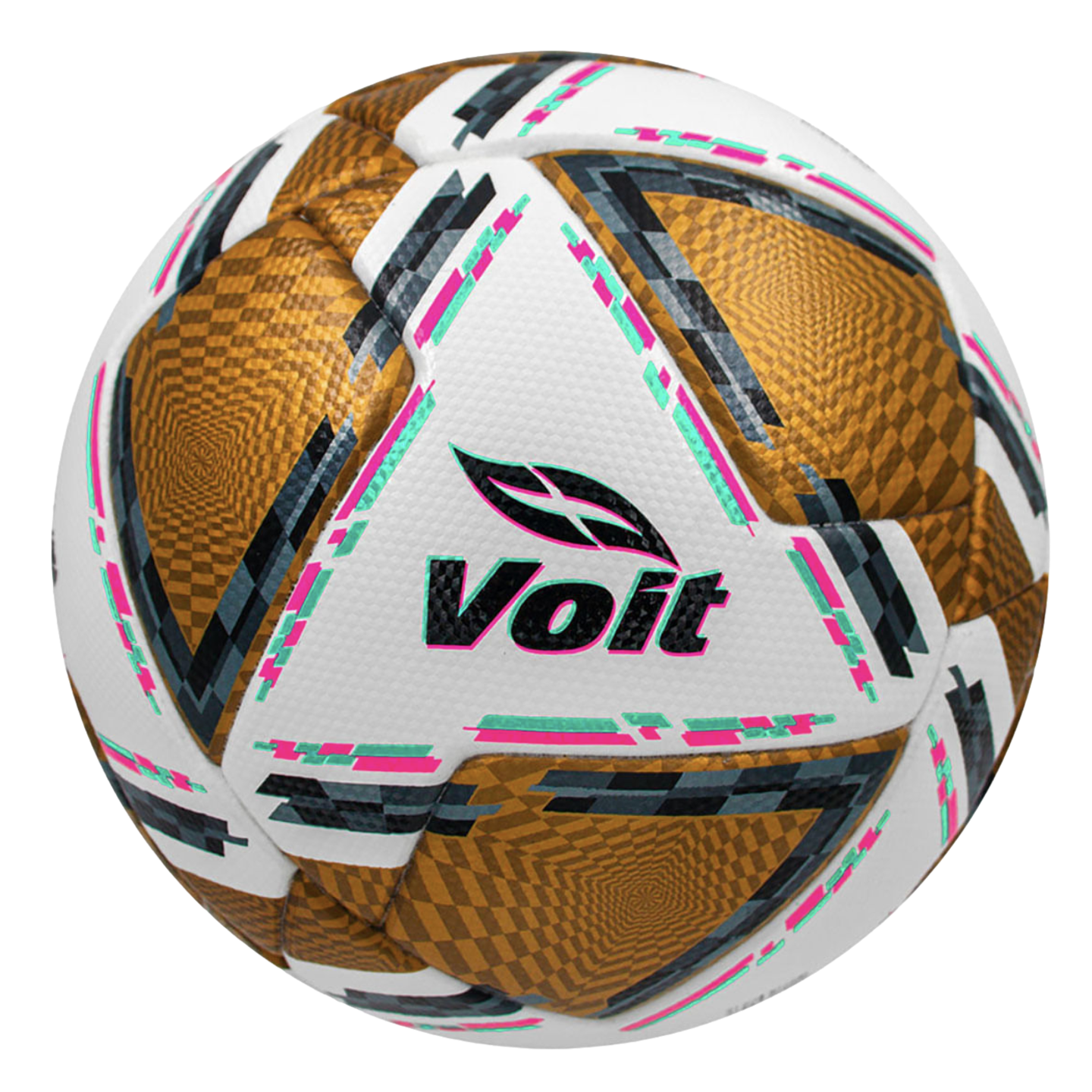 Voit soccer ball with white, gold, and black geometric patterns, accented by neon pink and mint green highlights.