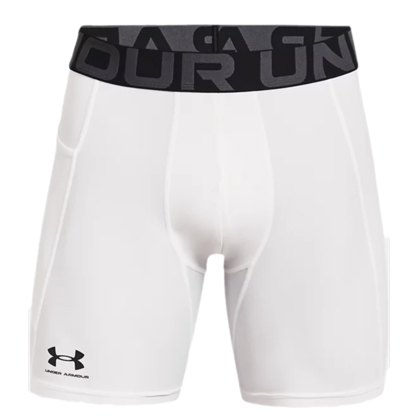 A pair of white Under Armour compression shorts with a black elastic waistband and the brand's logo on the lower leg.