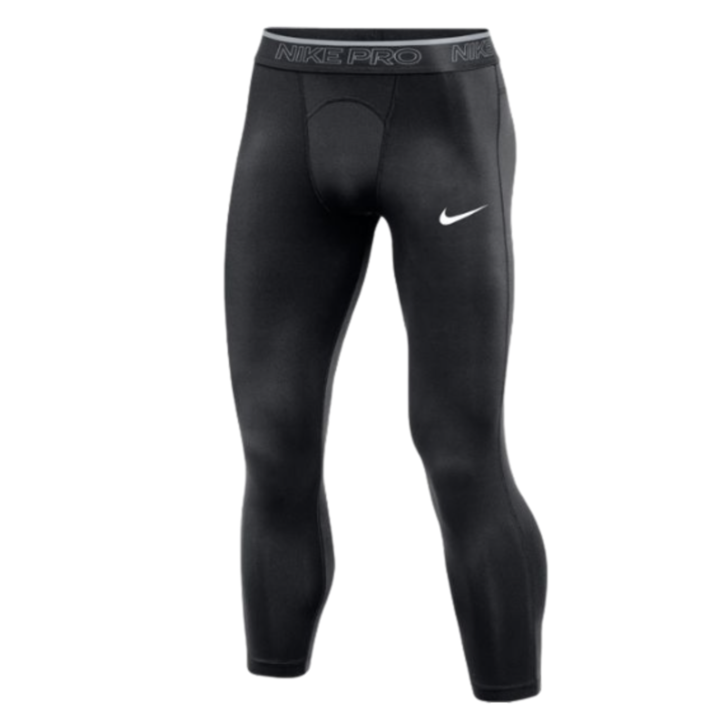 Black Nike Pro 3/4 length compression tights with a grey elastic waistband and a white Nike swoosh on the left thigh.