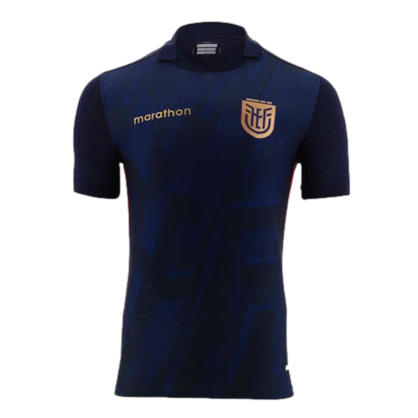 Navy blue Ecuador national team soccer jersey by Marathon, featuring a subtle geometric pattern and gold brand and team logos on the chest.