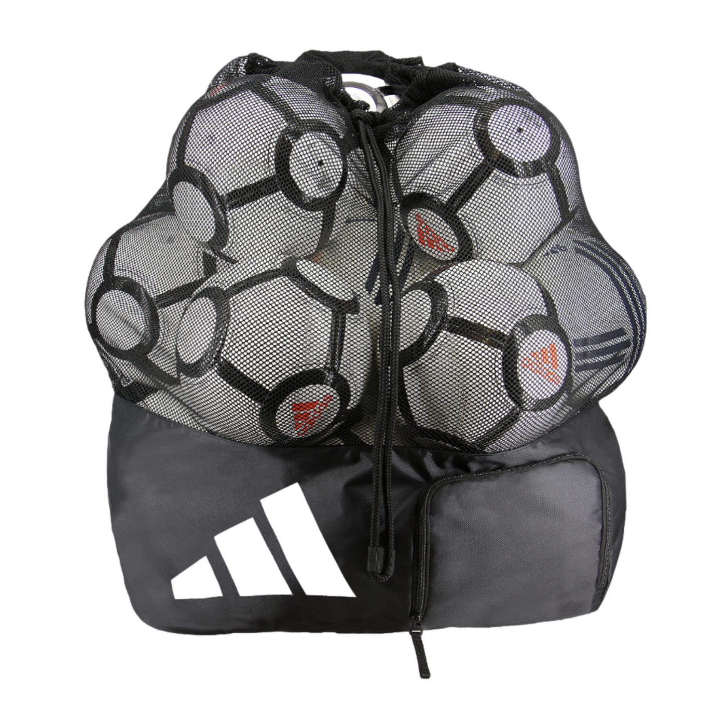 A black Adidas mesh bag filled with soccer balls. It features a large white logo on its solid base, a drawstring closure, and a small side zippered pocket.