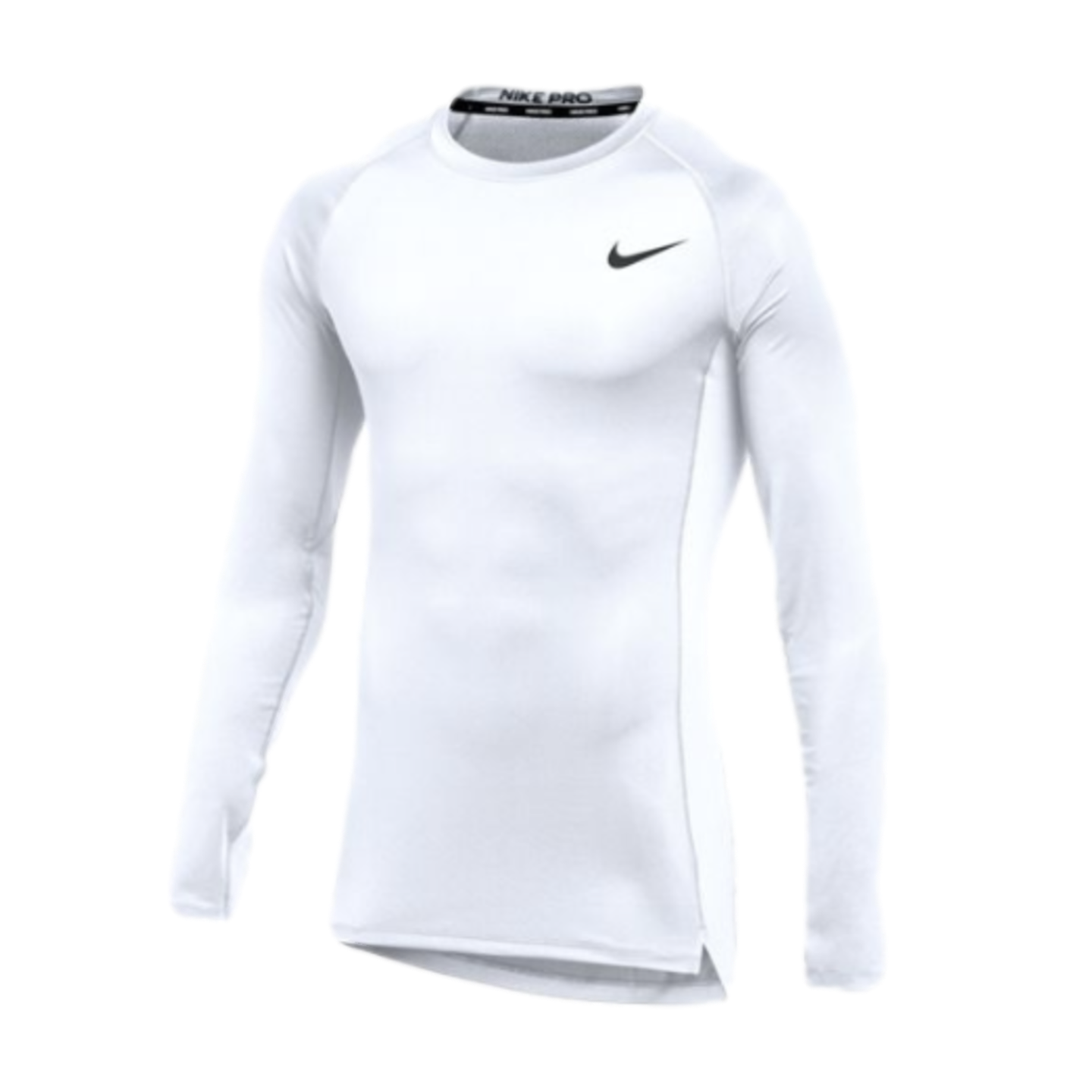 White Nike Pro long-sleeved compression shirt with a black swoosh logo on the upper chest.