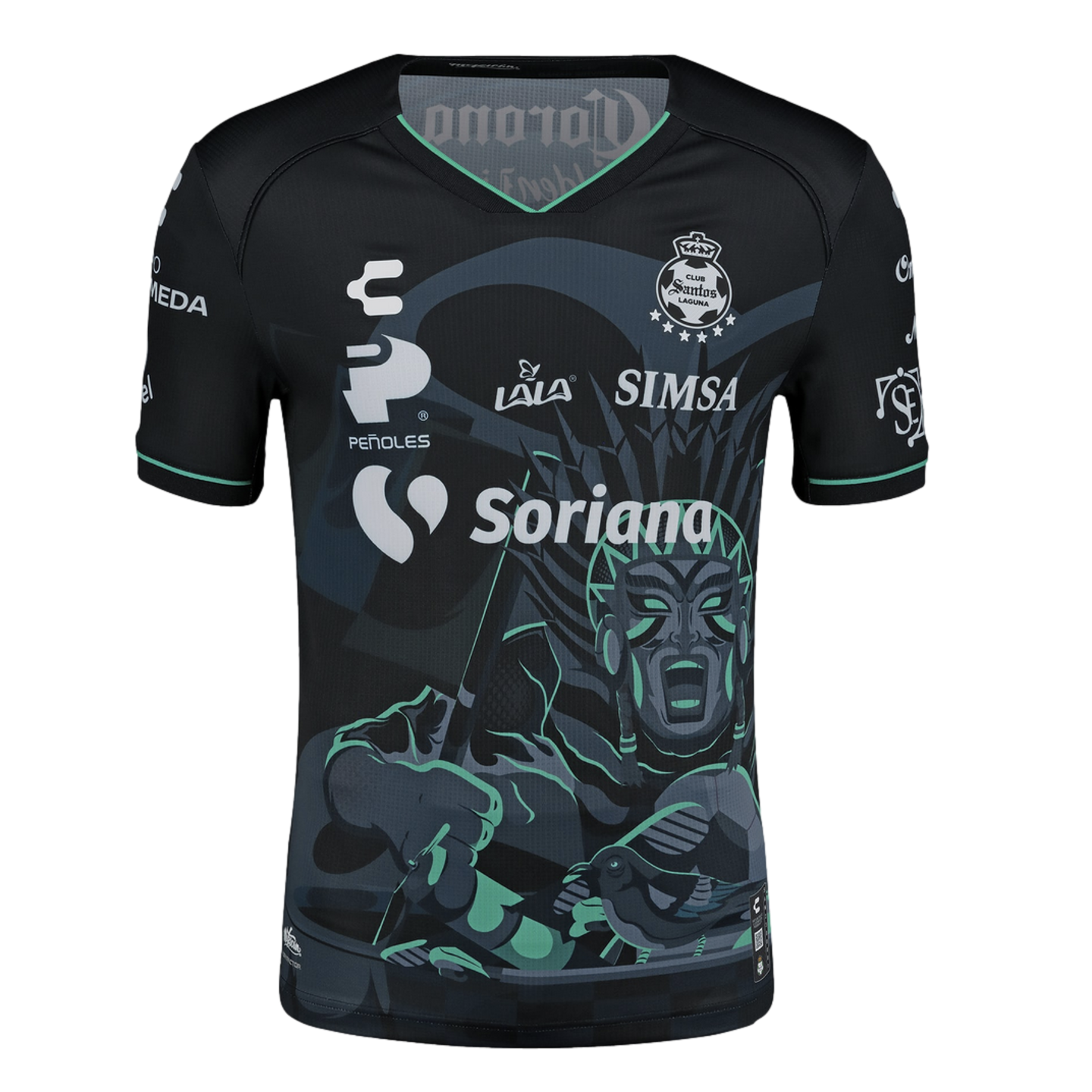 Black Club Santos Laguna soccer jersey with a stylized mint green warrior graphic on the front and various white sponsor logos.