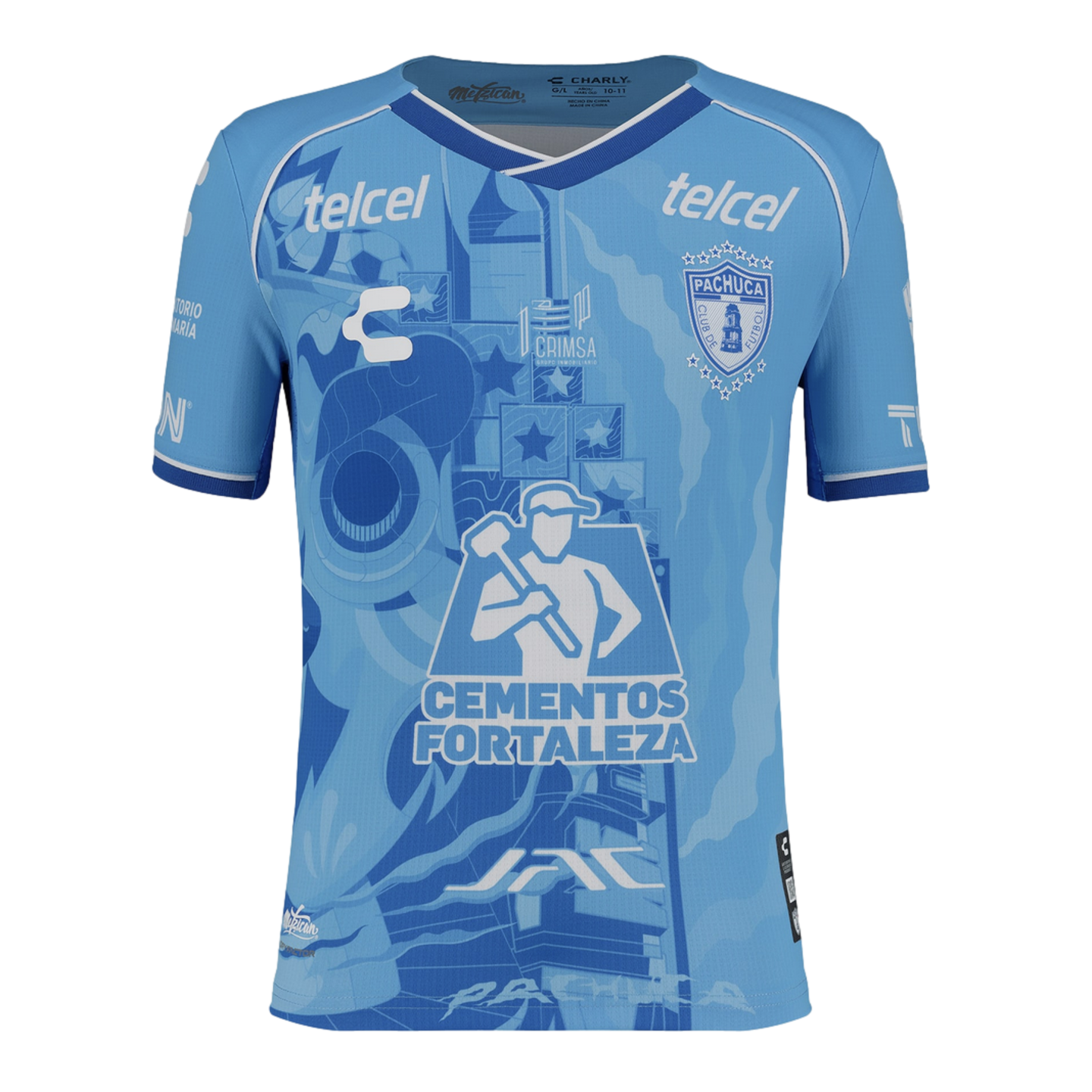 Light blue Charly Pachuca soccer jersey featuring various white sponsor logos and a central graphic design.