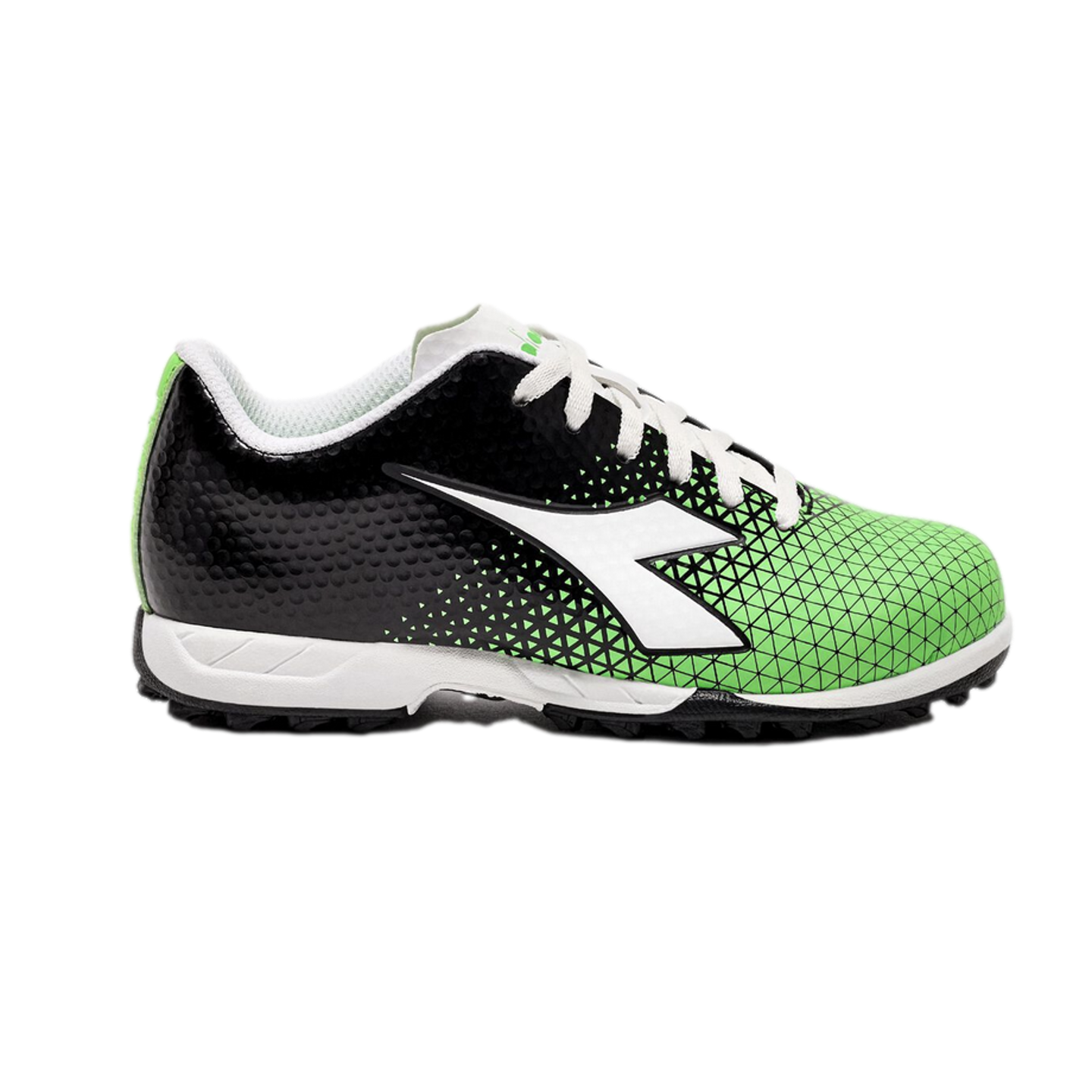 Side profile of a black and lime green Diadora turf soccer shoe with white laces and a geometric pattern on the toe.