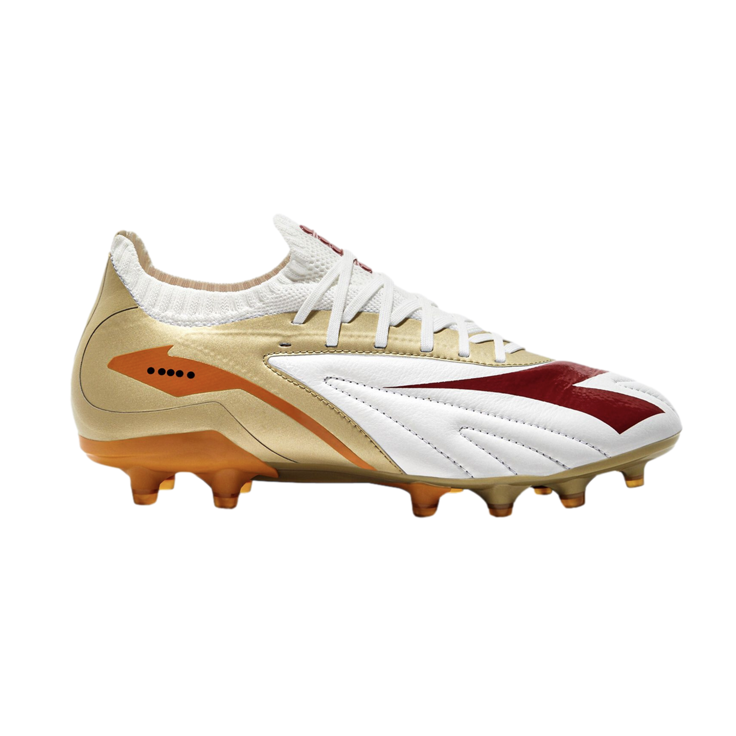 A gold, white, and maroon Diadora soccer cleat with orange studs, shown in profile against a white background.