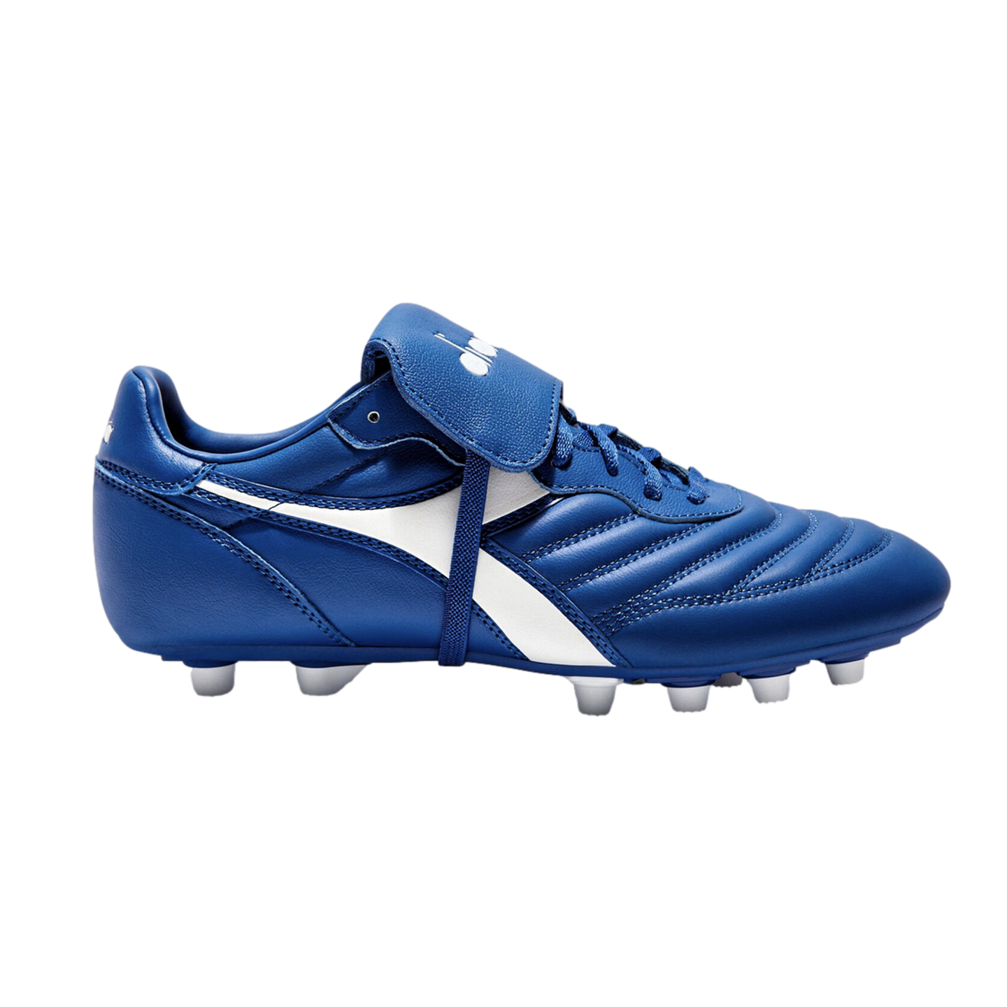 Blue Diadora soccer cleat with white side stripes and studs, featuring a fold-over tongue and quilted leather upper.
