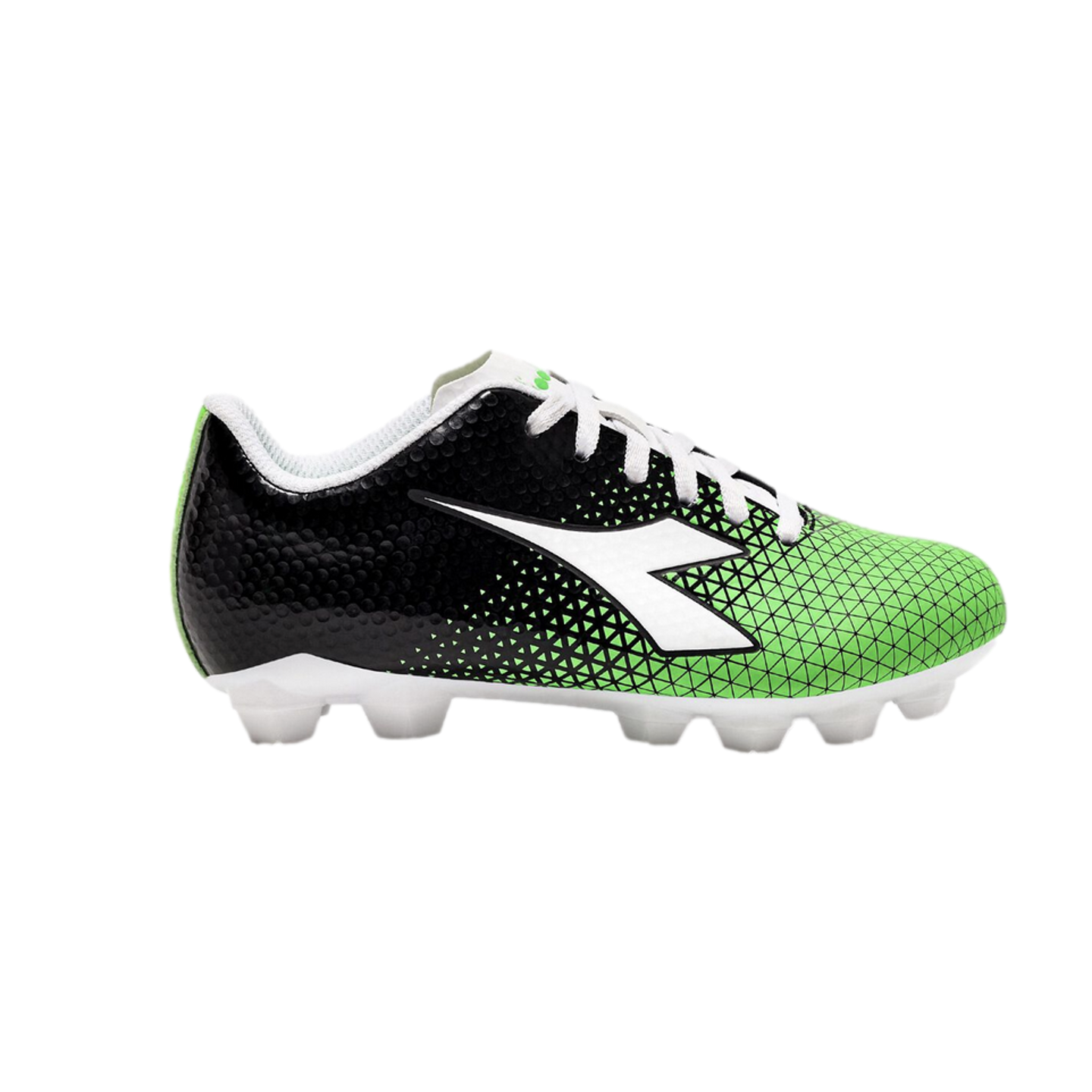 A black and green Diadora soccer cleat with a geometric pattern, white logo, white laces, and white molded studs.