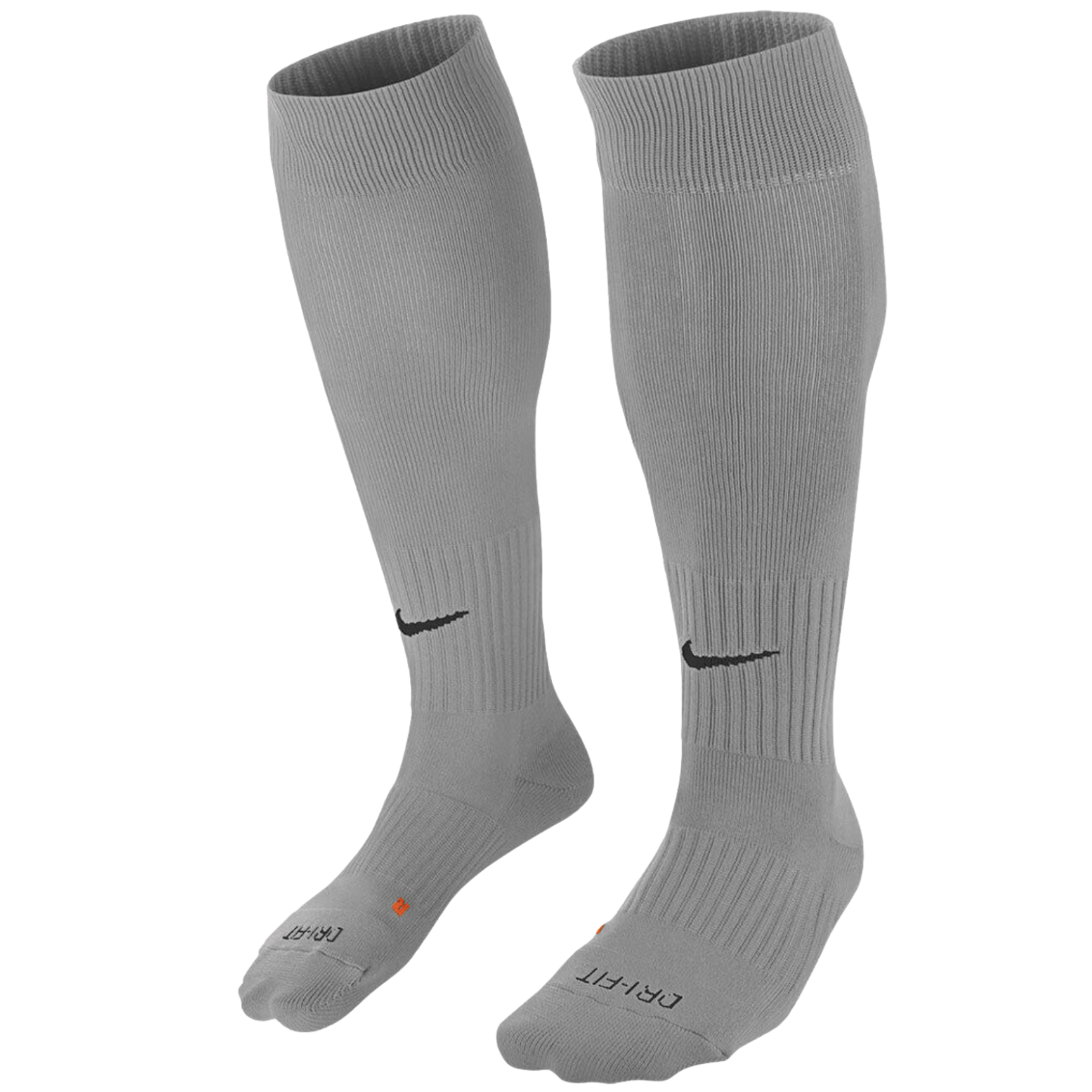 Grey Nike knee-high soccer socks featuring a black swoosh on the shins and DRI-FIT branding on the toes.