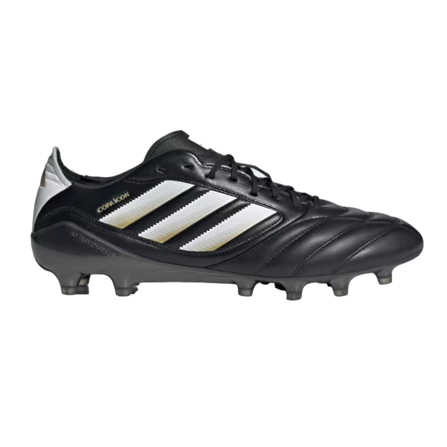 Side view of a black Adidas Copa Icon soccer cleat with three white stripes, gold accents, and a grey studded soleplate.